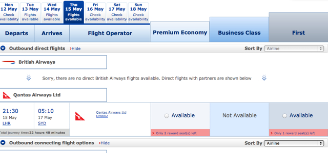 Qantas First Class Award Availability - LHR-SYD: 1 Award Seat