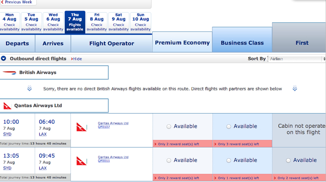 Qantas First Class Award Availability SYD-LAX