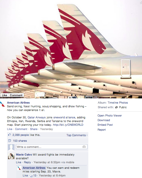 Qatar Airways: Redeem AAdvantage Miles for Qatar Awards from September 23 per AA Facebook page