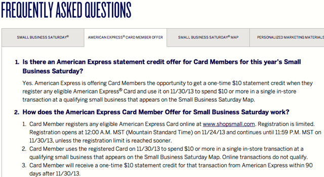 AMEX Small Business Saturday $10 Statement Credit FAQ