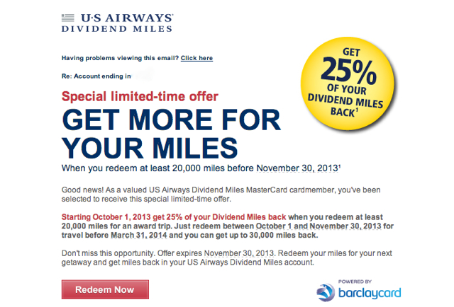 US Airways Dividend Miles Rebate for Award Redemptions