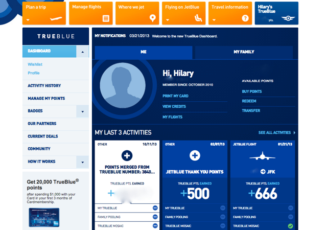 JetBlue TrueBlue Family Pooling Account - Head of Household Dashboard