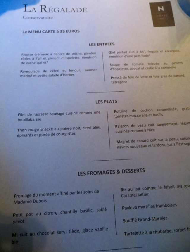 La Regalade Conservatoire Paris Review - Dinner Menu 35 Euros