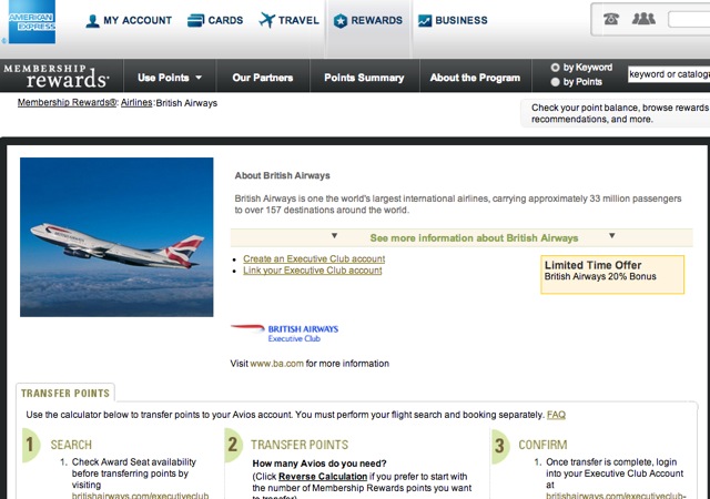 20% AMEX Membership Rewards Transfer Bonus to British Airways Avios 