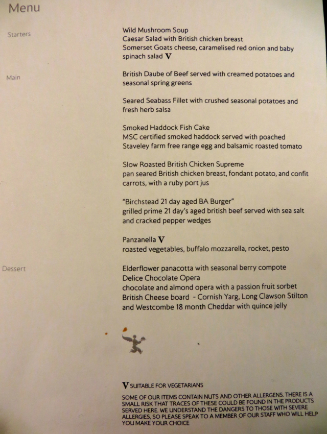 British Airways Concorde Room-Cabana Food Menu