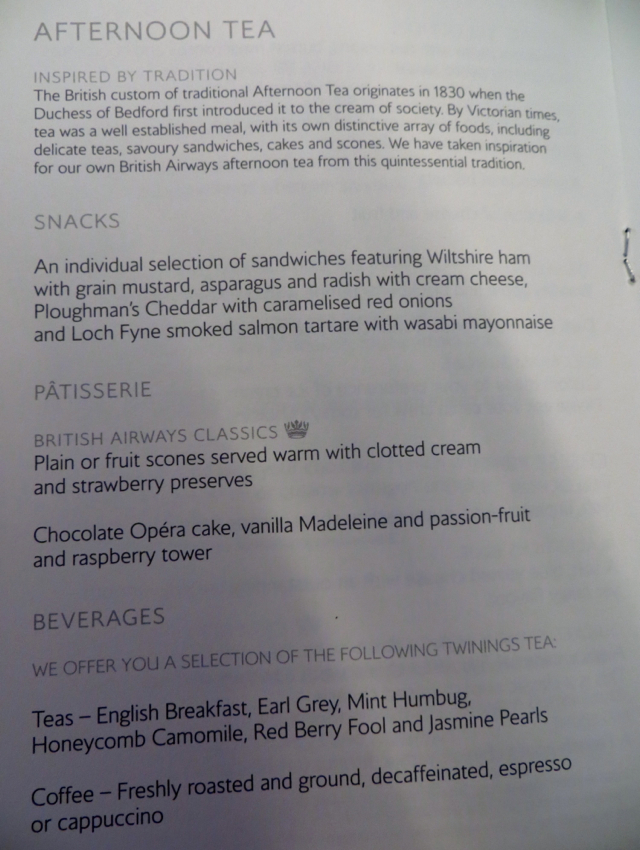 British Airways New First Class - Afternoon Tea Menu