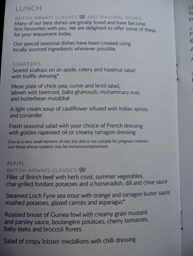 British Airways New First Class Lunch Menu