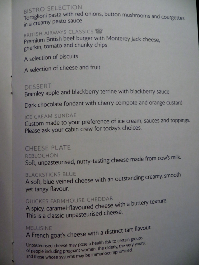 British Airways New First Class Snack and Dessert Menu