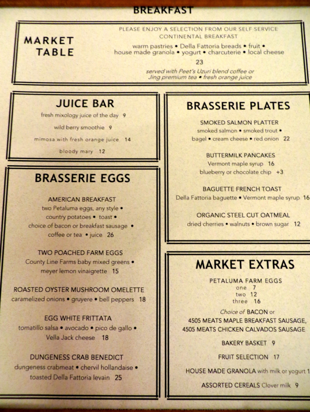 Mandarin Oriental San Francisco Brasserie S&P Breakfast Menu