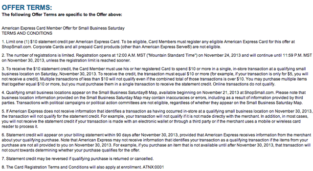 AMEX Small Business Saturday 2013 Terms