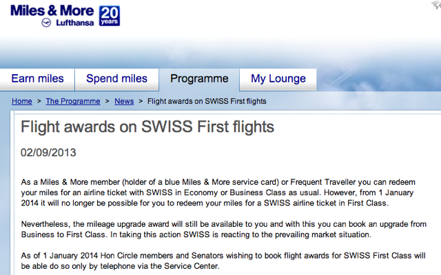 SWISS First Class with Miles & More Not Bookable from 1/1/14 Except for Miles & More Elites