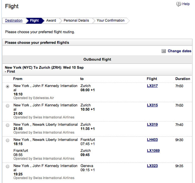 SWISS First Class Award Search in Miles & More