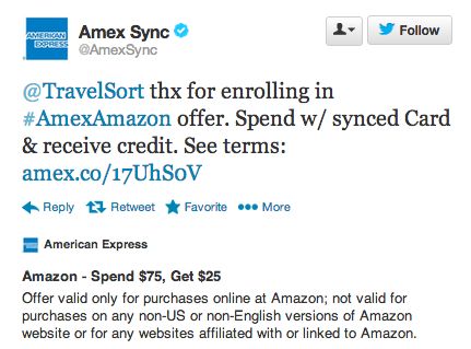 $25 Off $75 Amazon Spend with AMEX Twitter Sync - Confirmation Tweet