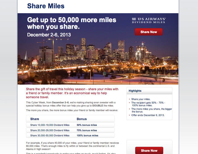 US Airways 100% Bonus on Shared Miles