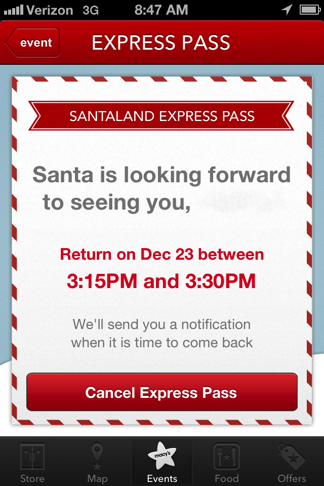 Macy's Santaland 2013 with Express Pass- Confirmation