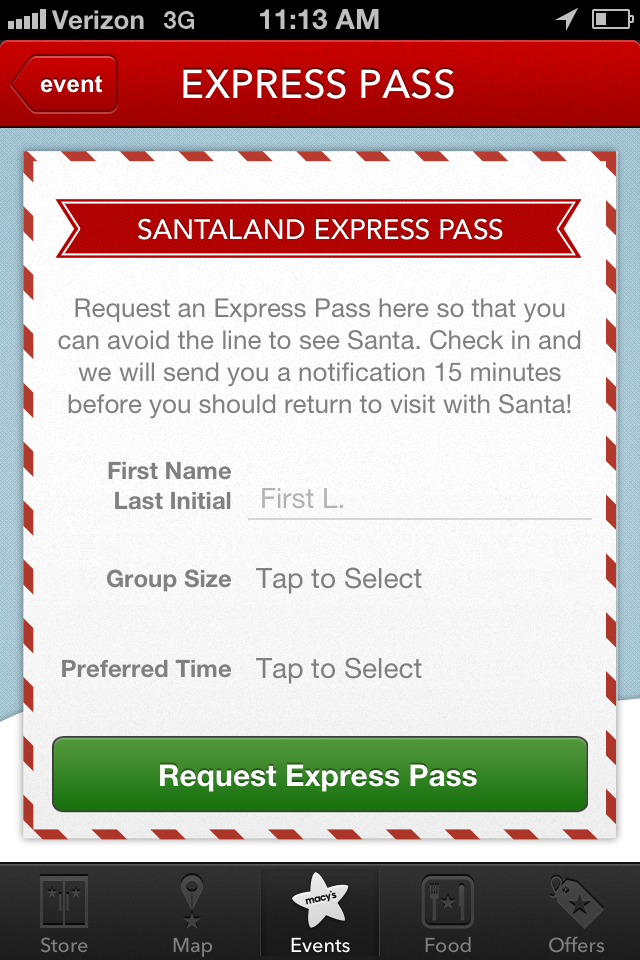 Macy's Santaland NYC 2013 Express Pass Request
