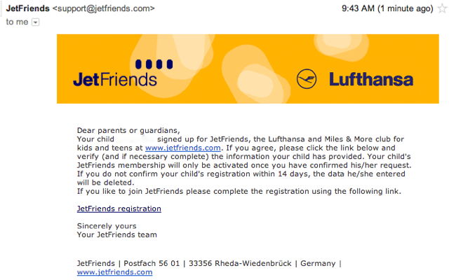2000 Miles & More Bonus Miles per Kid who Joins JetFriends - Parent Confirmation Email