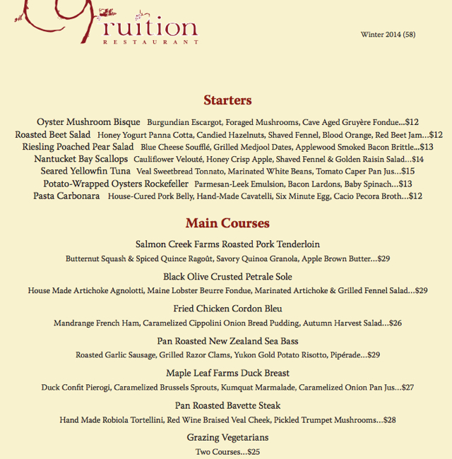 Fruition Restaurant Dinner Menu, Denver