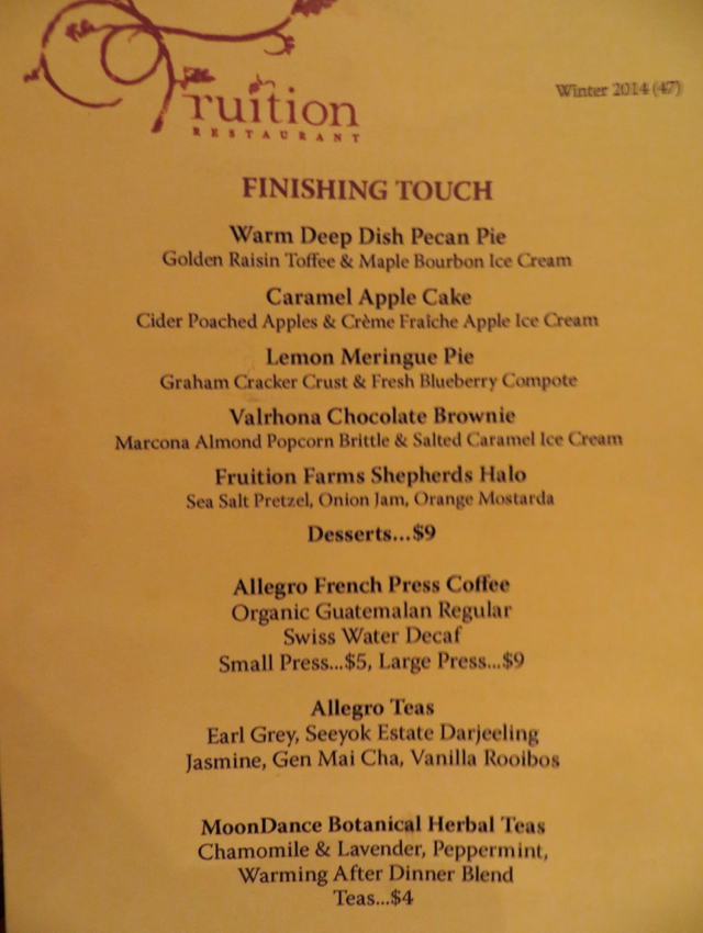 Fruition Restaurant Dessert Menu