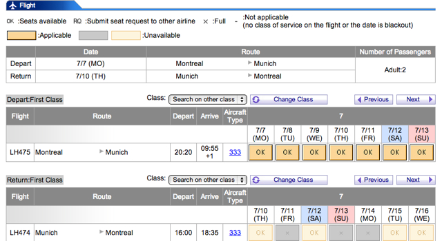 Great Lufthansa First Class Award Availability Montreal to Munich