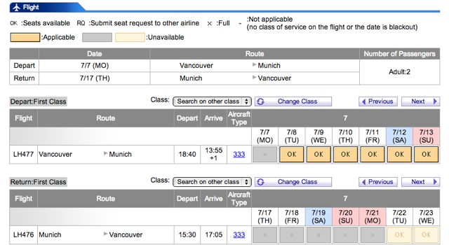 Lufthansa First Class Award Availability Vancouver to Munich