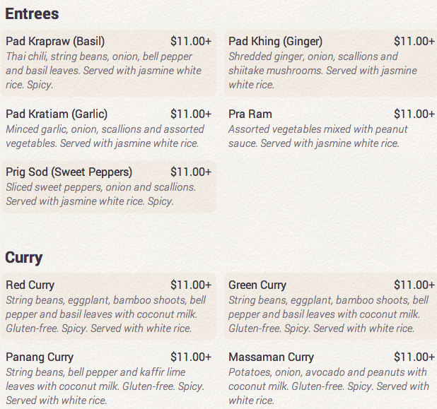 UP Thai NYC Menu - Entrees and Curries