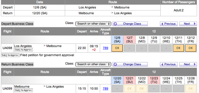 United 787-9 LA to Melbourne BusinessFirst Award Space