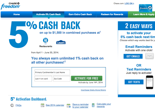 Activate Chase Freedom 5X Q2 2014 Bonus for Restaurants and Lowe's