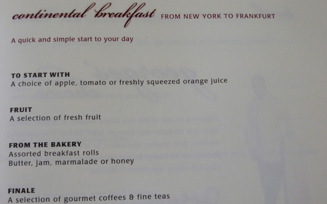 Singapore Suites A380 JFK to Frankfurt - Breakfast Menu