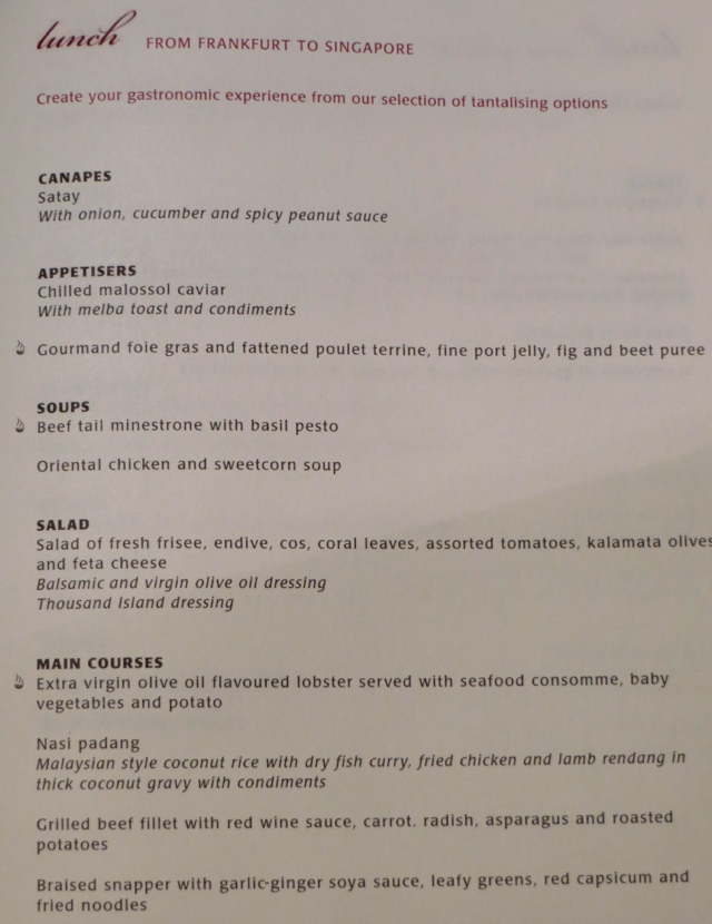 Singapore Suites A380 Review: Frankfurt to Singapore - Lunch Menu