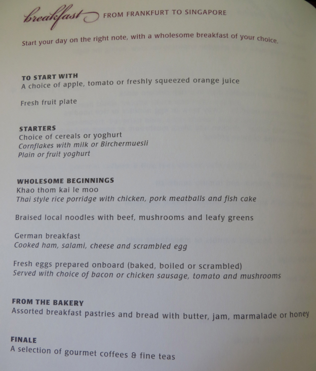 Singapore Suites A380 Review Frankfurt to Singapore Breakfast Menu