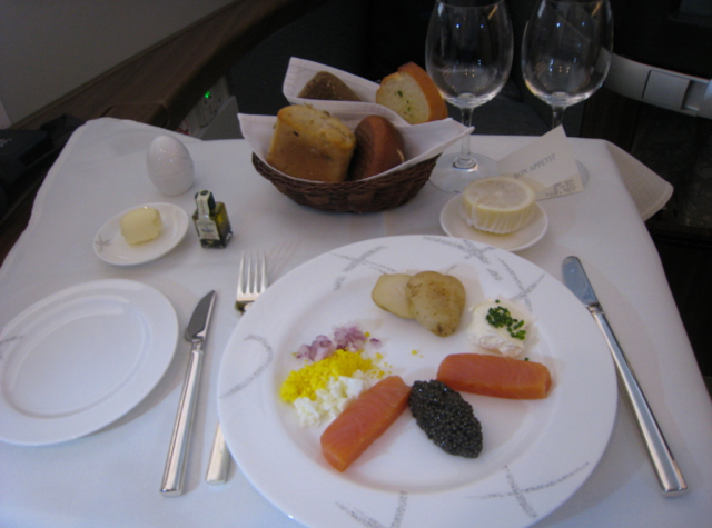 Cathay Pacific First Class Review NYC JFK to Hong Kong - Caviar and Balik Salmon