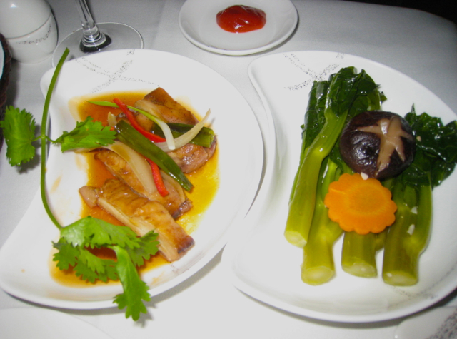 Cathay Pacific First Class Review - Dinner - Five Spice Chicken with Kailan