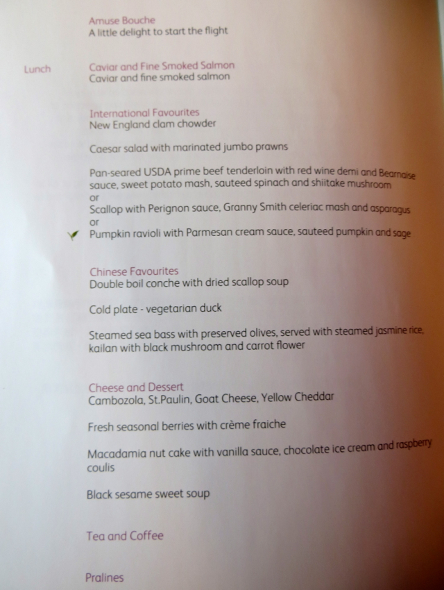 Cathay Pacific First Class Lunch Menu NYC JFK to Hong Kong