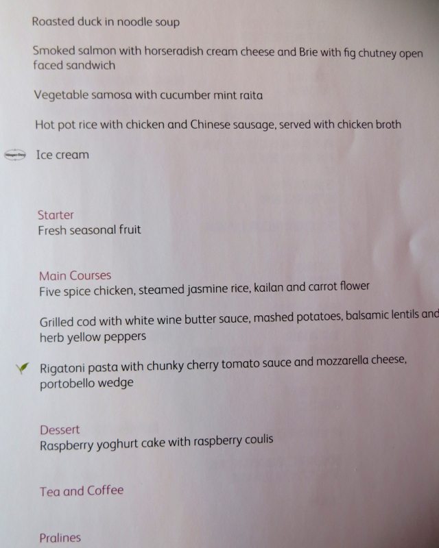 Cathay Pacific First Class Dinner Menu and Snack Menu NYC to Hong Kong