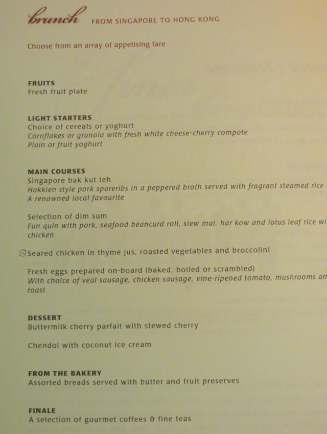 Singapore Suites A380 Review: Singapore to Hong Kong Menu