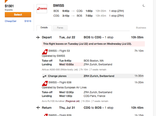 Fly Swiss Business Class U.S. to Europe for $1500 roundtrip: Boston to Paris via Zurich