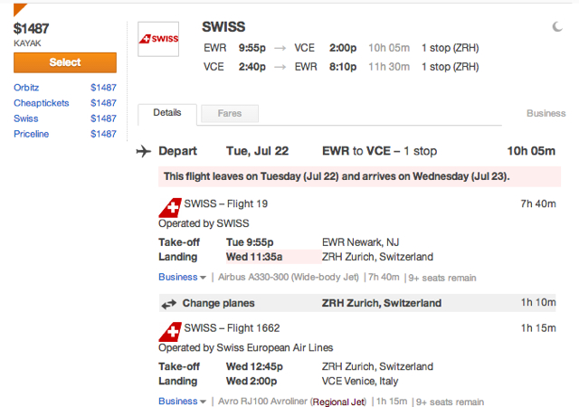Fly Swiss Business Class U.S. to Europe for $1500 roundtrip this summer: NYC to Venice via Zurich