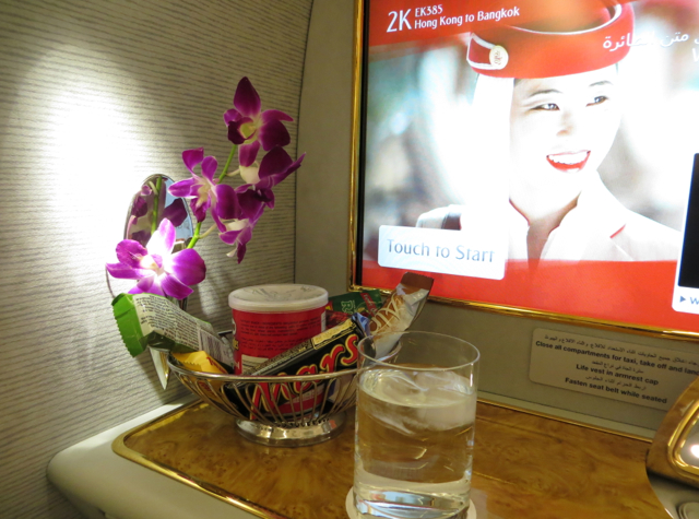 Emirates First Class A380 Review - Snack Basket and Pre-Flight Drink