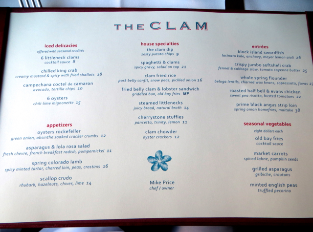The Clam NYC Menu