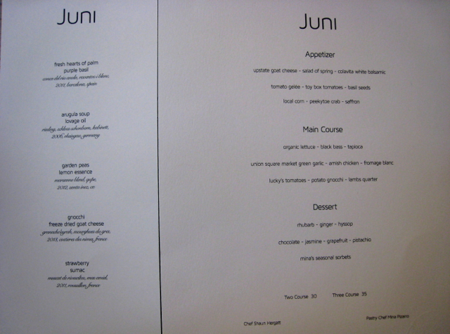 Juni NYC Lunch Menu