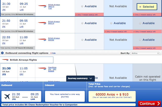 British Airways Companion Voucher One Way Award - Select Flight