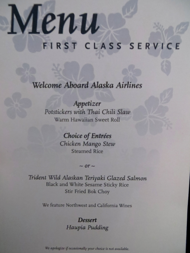Alaska Airlines First Class Menu 