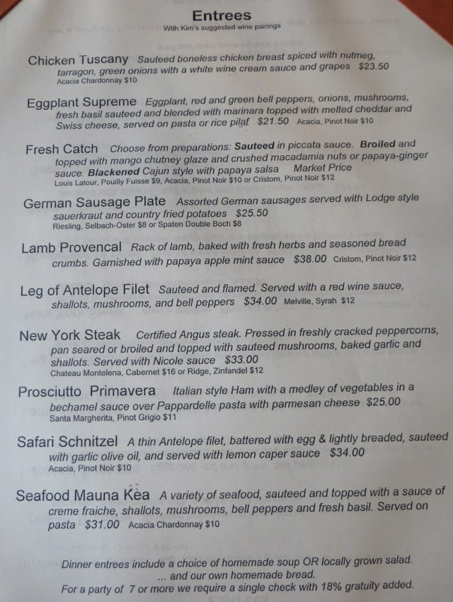 Kilauea Lodge Dinner Menu