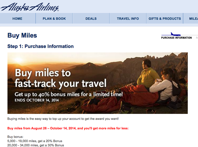 Alaska Mileage Plan Buy Miles: 40% Bonus 